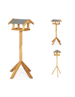 Dębowy karmnik dla ptaków z nóżką KD - daszek dwuspadowy