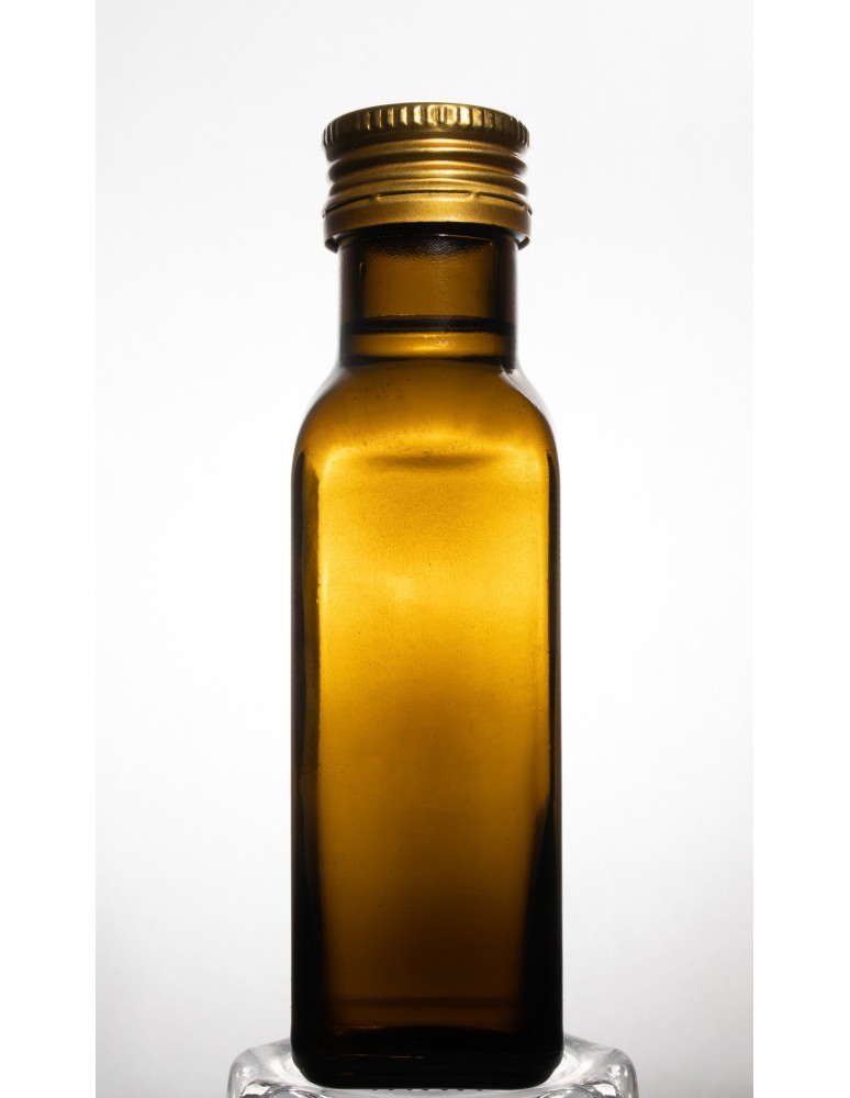 Szklane butelki na alkohol - galoniki - Oliwkowa butelka Marasca 100 ml · fi 31,5 mm · złota zakrętka · Zestaw 6 sztuk - product b2b.wamar.biz 2