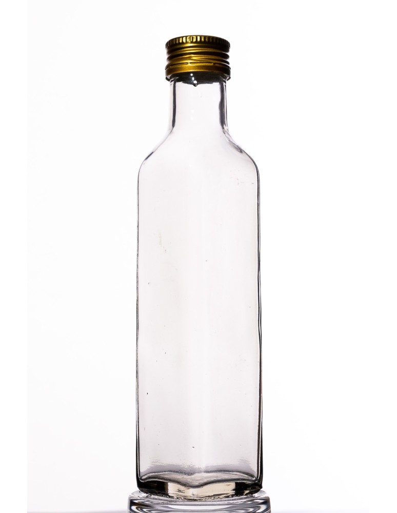 Szklane butelki na alkohol - galoniki - Przezroczysta butelka kwadratowa 250 ml ze złotą nakrętką fi 31,5 mm · 6 sztuk - product b2b.wamar.biz 2