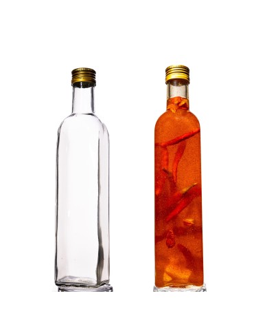 Kwadratowa butelka przezroczysta 500 ml ze złotą nakrętką fi 31,5 mm · 6 sztuk