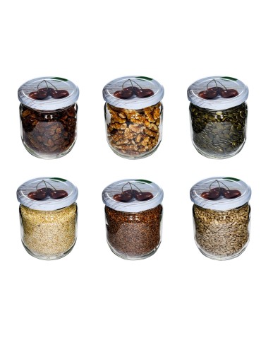 Słoik bezbarwny 425 ml · Pokrywka (⌀82) z nadrukiem “czereśnia” · Zgrzewka 6 sztuk