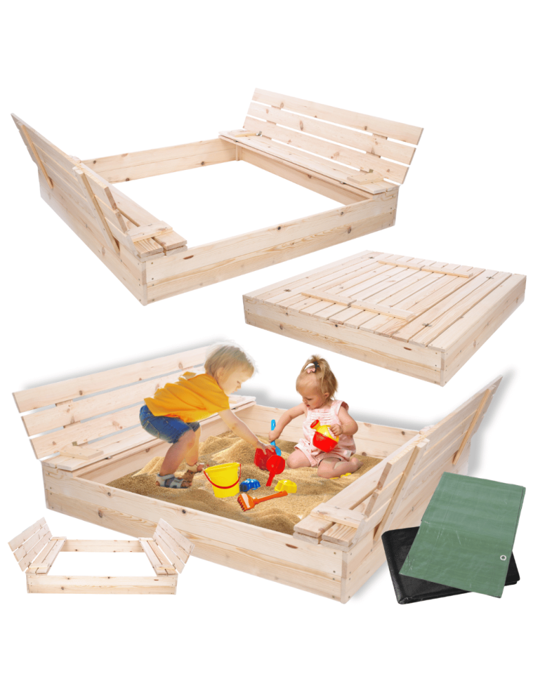 Piaskownice - Piaskownica drewniana 140x140 z ławeczkami AGRO PLANDEKA pokrywa oparcie - product b2b.wamar.biz 1