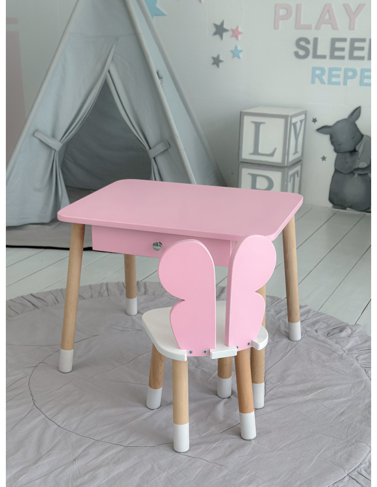 Stoły i ławki - Różowy stolik z szufladą krzesełko motyl róż motylek stoliczek komplet - produkt b2b.wamar.biz 3
