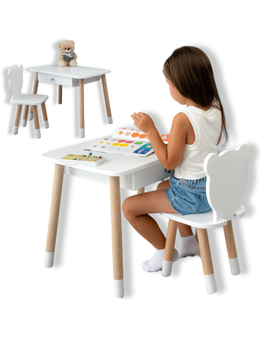 Stoliczek z szufladą i krzesełkiem miś stolik krzesło biały zestaw szuflada