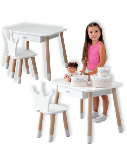 Stolik z krzesełkiem korona biały z szufladą krzesełko stół stoliczek