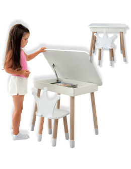 Zestaw stoliczek ze schowkiem z krzesełkiem korona otwierany blat biały