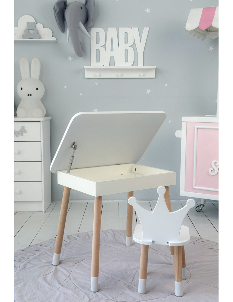 Stoły i ławki - Zestaw stoliczek ze schowkiem z krzesełkiem korona otwierany blat biały - produkt b2b.wamar.biz 2