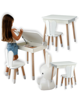 Stolik z krzesełkiem dla dziecka biały krzesło króliczek otwierany blat