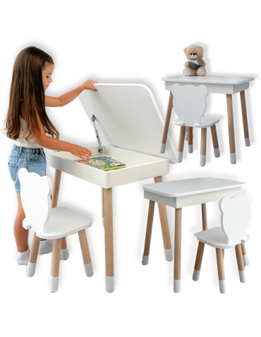 Stolik ze schowkiem pod blatem krzesełko miś biały zestaw dla dziecka