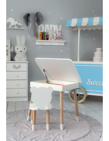 Stoły i ławki - Stolik ze schowkiem pod blatem krzesełko miś biały zestaw dla dziecka - produkt 3