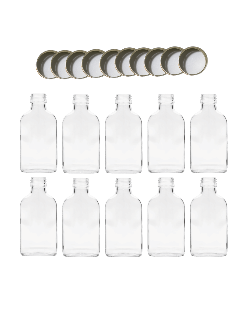 Szklane butelki na alkohol - galoniki - Butelki 100 ml piersiówki płaskie na sok nalewki fi28 10szt NAKRĘTKI PZH - product b2b.wamar.biz 2