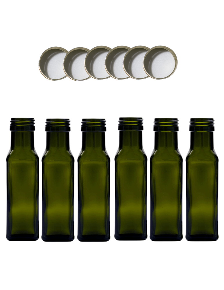 Szklane butelki na alkohol - galoniki - Butelki 100 ml maraski kwadratowe zielone na olej oliwę fi31 6szt NAKRĘTKI - product b2b.wamar.biz 2