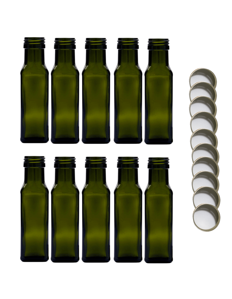 Szklane butelki na alkohol - galoniki - Butelki 100 ml maraski kwadratowe zielone na olej oliwę fi31 10szt NAKRĘTKI - product b2b.wamar.biz 2