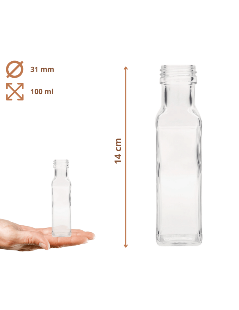 Szklane butelki na alkohol - galoniki - Butelka 100 ml maraska kwadratowa soki na olej oliwę fi31 1szt NAKRĘTKA - product b2b.wamar.biz 3