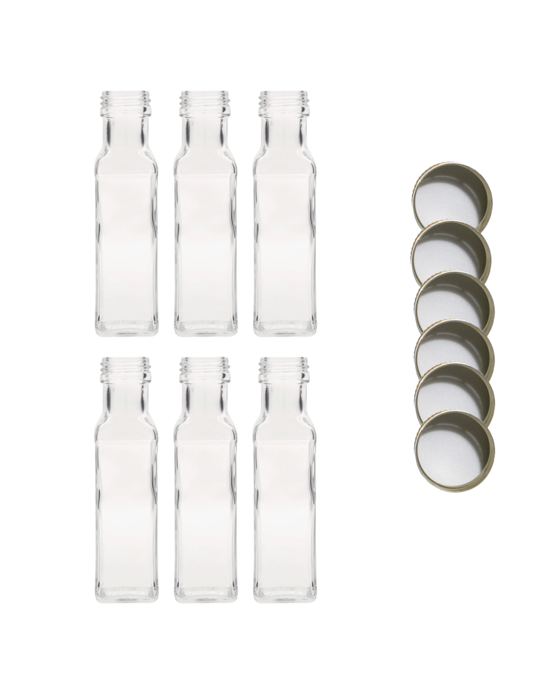 Szklane butelki na alkohol - galoniki - Butelki 100 ml maraski kwadratowe soki na olej oliwę fi31 6szt NAKRĘTKI - product b2b.wamar.biz 2