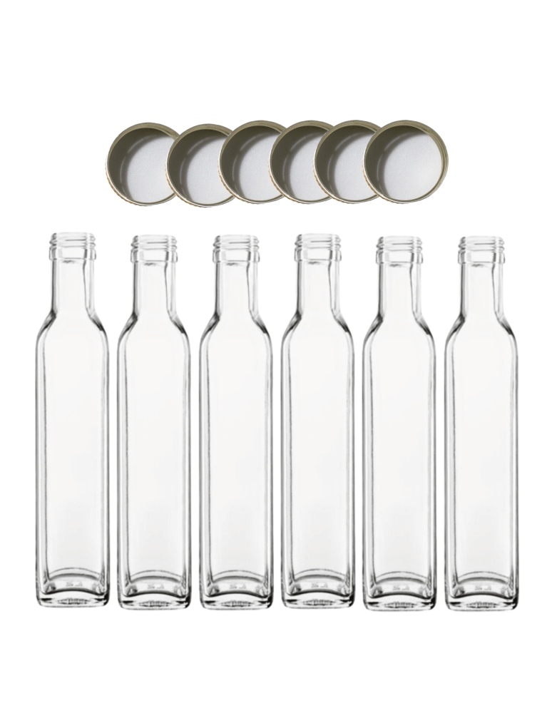 Szklane butelki na alkohol - galoniki - Butelki 250 ml maraski kwadratowe soki na olej oliwę fi31 6szt NAKRĘTKI - product b2b.wamar.biz 2