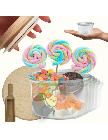 Słoiki Weck 200ml pucharek MOLD żaroodporne drewniane wieka 6szt miarka