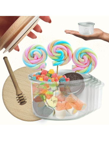 Słoiki Weck 200ml pucharek MOLD żaroodporne drewniane wieka 6szt nabierak