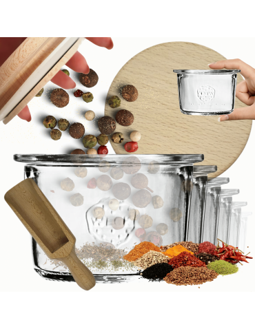 Słoiki Weck 80ml przetwory MOLD żaroodporne drewniane wieka 6szt miarka