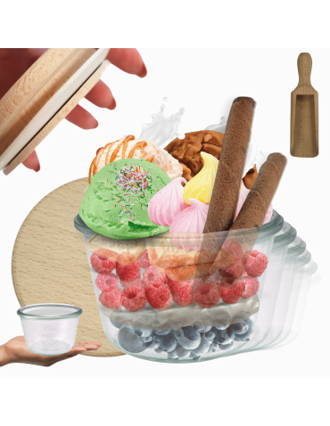 Słoiki Weck 370ml przetwory MOLD żaroodporne drewniane wieka 6szt miarka