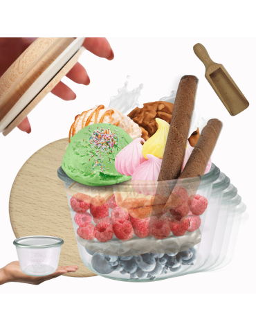 Słoiki Weck 370ml przetwory MOLD żaroodporne drewniane wieka 12szt miarka