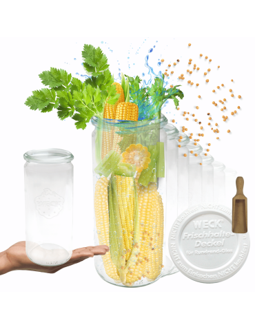 Słoiki Weck 1l CYLINDER mąka makaron plastikowe wieka MIARKA 6szt 1040ml