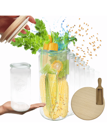 Słoiki Weck 1l 1040ml CYLINDER sypkie produkty wieka drewno 6szt miarka