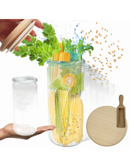 Słoiki Weck 1l 1040ml CYLINDER sypkie produkty wieka drewno 6szt miarka