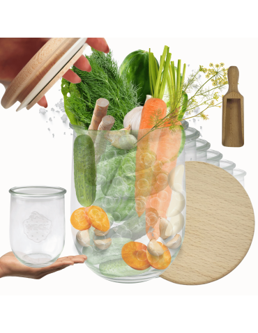 Słoiki Weck 1l 1062ml TULIP szczelne drewniane wieka 12szt miarka