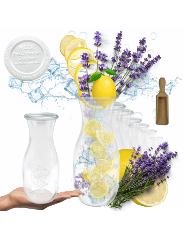 Karafki 1062ml Weck 1L plastikowe wieka MIARKA 6szt do wody wina soku