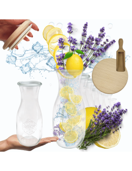 Karafki 1062ml Weck 1L szczelne drewniane wieka 12szt miarka