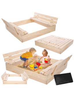 Piaskownica drewniana 120x120 z ławeczkami AGROWŁÓKNINA pokrywa oparcie