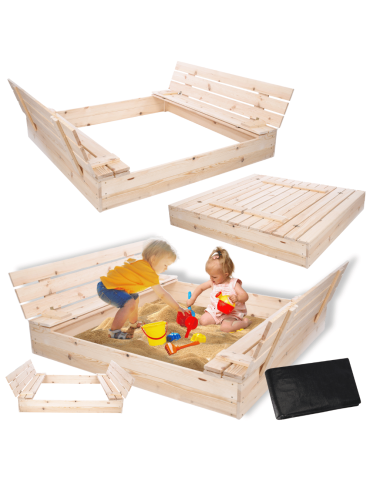 Piaskownica drewniana 140x140 z ławeczkami AGROWŁÓKNINA pokrywa oparcie