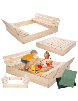 Piaskownica drewniana 120x120 z ławeczkami AGRO PLANDEKA pokrywa oparcie