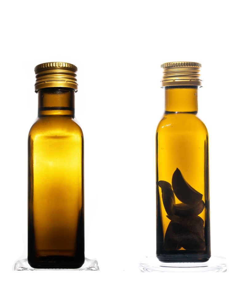 Szklane butelki na alkohol - galoniki - Oliwkowa butelka Marasca 100 ml · fi 31,5 mm · złota zakrętka · Zestaw 6 sztuk - product b2b.wamar.biz 1
